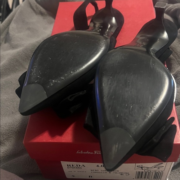 Salvatore Ferragamo Black Suede Heels with Gold Bow Detail - Picture 3 of 9